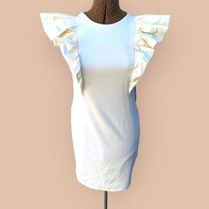NWT Express Cream Dramatic Ruffle Sleeve Lined Sheath Dress, Bridal Show…